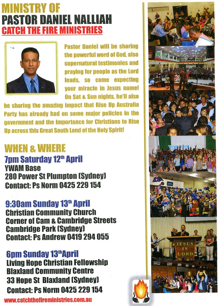 Pr Daniel ministering in Sydney on Sat 12th - Sun 13th April