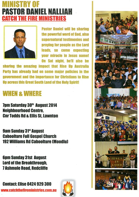 Pr Daniel ministering in Brisbane area on 30th & 31st August