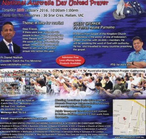 National Austalia Day United Prayer & Holy Spirit Revival Meetings in Melbourne in January 2016 with Ps Petrus Agung